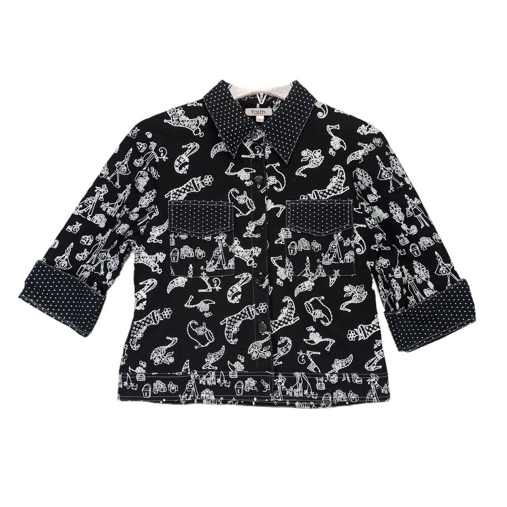 Vtg Y2K FAITH Women's S Beaded Embellished Artsy Print Jacket Black‎ Whimsigoth